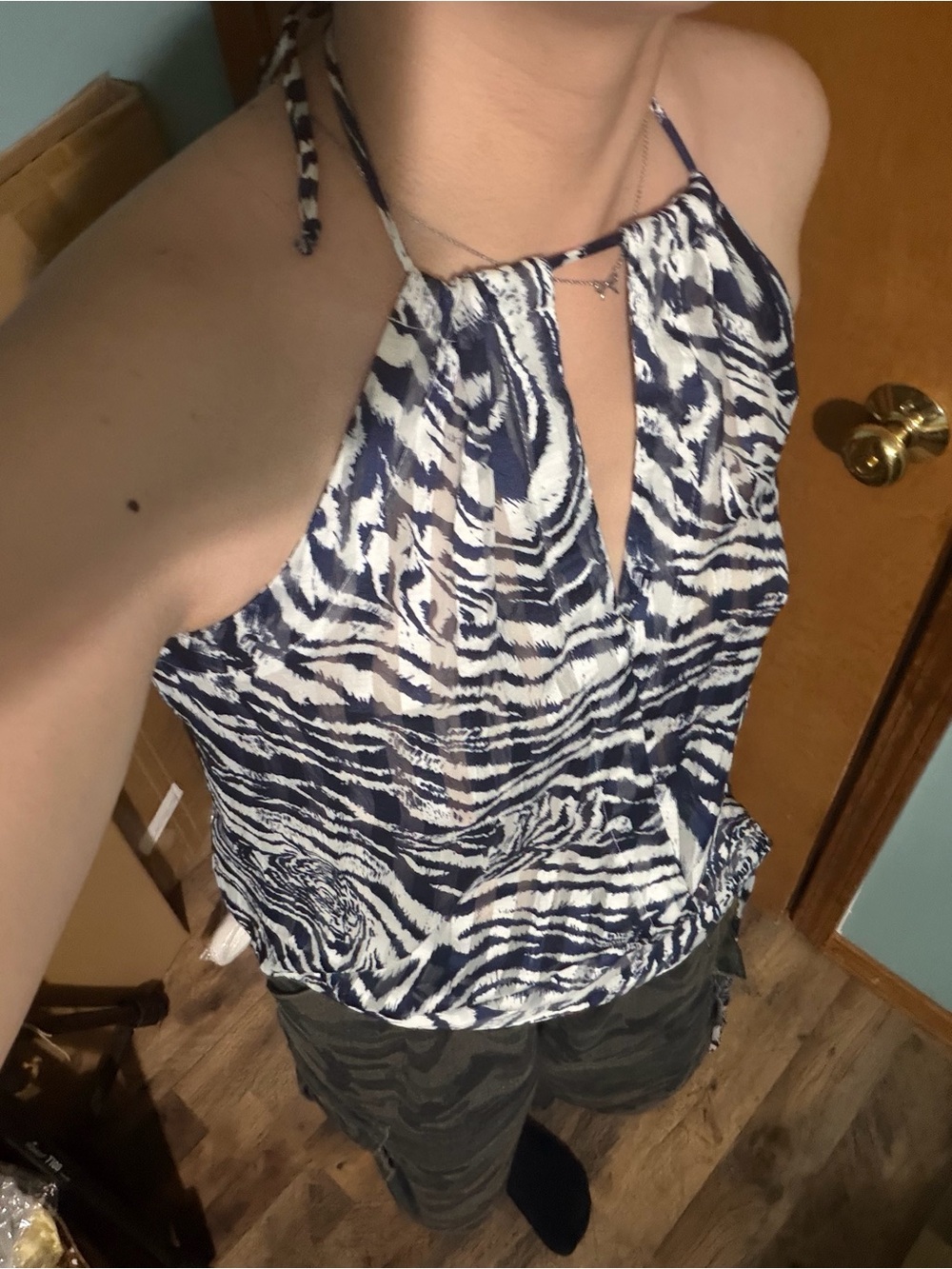 Vintage Joseph Ribkoff Halter Top US6 Navy White Ikat Print Chiffon Tie Neck Op